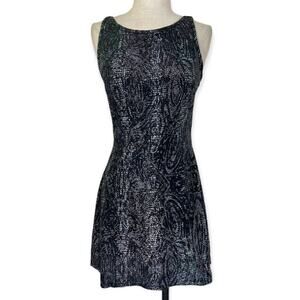 Lace print little black dress by Q&A, iridescent sleeveless fit & flare mini LBD